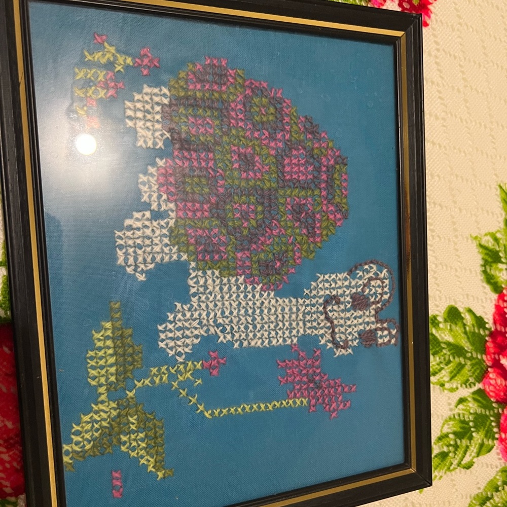 Vtg turtle stitched framed